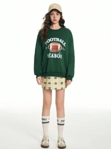 2pcs/Set Teen Girl Casual Daily Wear Letter Printed Dropped Shoulder Sweatshirt And Plaid Skirt - Multicolor - View 7