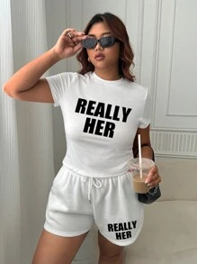 INAWLY Plus Size Ronde Hals Korte Mouw Letter Print Eenvoudige Blouse En Shorts 2-delige Set