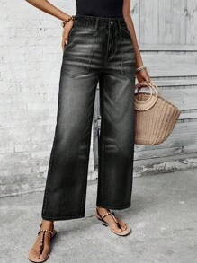 EMERY ROSE Vacation Casual Washed Retro Straight Leg Jeans - Black - View 3