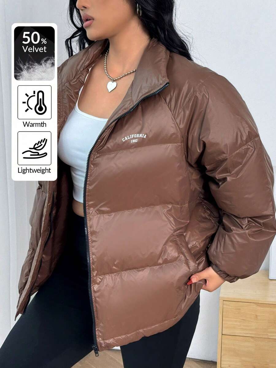 SHEIN EZwear Unisex Plus Size Warm Padded Down& Feathers Jacket, Brown Feather For Winter