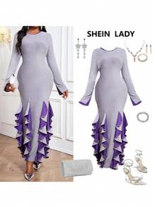 SHEIN Lady 秋装秋冬优雅灰色针织圆领飘逸长袖冬装修身连衣裙大码连衣裙伴娘服长袖连衣裙化妆舞会礼服 - 淺灰紫 - 查看 1