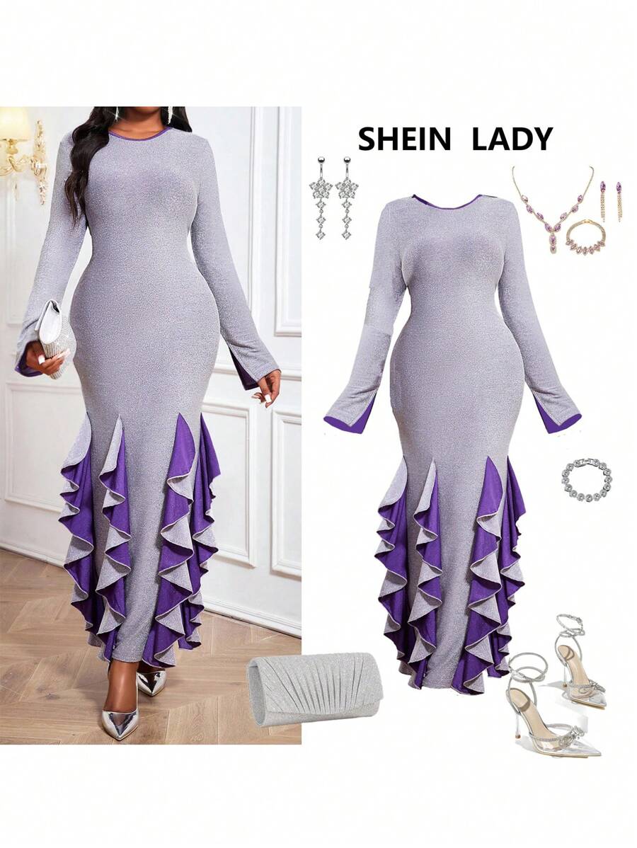 SHEIN Lady 秋装秋冬优雅灰色针织圆领飘逸长袖冬装修身连衣裙大码连衣裙伴娘服长袖连衣裙化妆舞会礼服 - 淺灰紫 - 查看 1