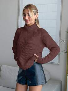 EURMUSE Women Solid Color Diamond Pattern Turtleneck Pullover - Coklat - View 7