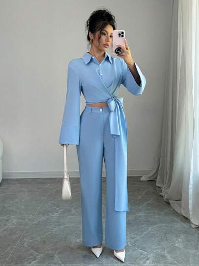 Elenzga 2 件套女士休闲纯色喇叭袖打结腰衬衫和裤子套装，秋季