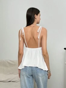 INAWLY 女士纯色肩带荷叶边下摆吊带背心 - 白色 - 查看 2