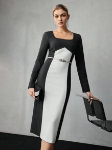 MOTF PREMIUM TWO TONE SQUARE NECK SLIM FIT MIDI DRESS WITHOUT BELT - Black and White - View 5