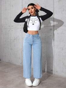 SHEIN PETITE Casual Washed Straight Loose Fit Jeans - Blue - View 5