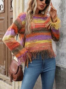 Chiquease Women Gradient Color Fringe Hem Pullover Sweater, Casual Autumn/Winter Knit Pullover Fall Outfit - Multicolor - View 8