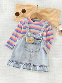 Baby Girl Colorful Stripe Top & Denim Pinafore Dress Set, Autumn/Winter - Multicolor - View 1