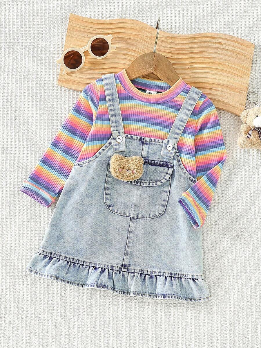 Baby Girl Colorful Stripe Top & Denim Pinafore Dress Set, Autumn/Winter - Multicolor - View 1