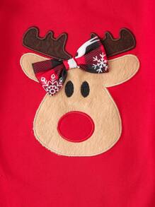 SHEIN Baby Girl Christmas & New Year Floral Deer Pattern Cute Bodysuit & Denim Skirt Fashion Outfit, Autumn/Winter - Red - View 4