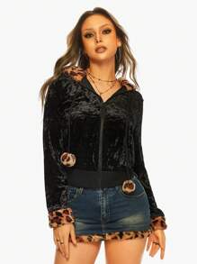 ROMWE Women Vintage Leopard Print Cat Ear Contrast Color Long Sleeve Sweatshirt - Black - View 5