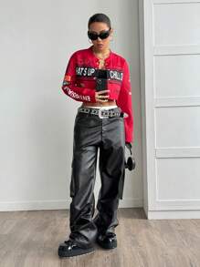 StreetHx Women Autumn Casual Streetwear Contrast Color Letter Print Cropped Jacket For New Year Clothes Fall Winter Cloth For Women - Red - View 1