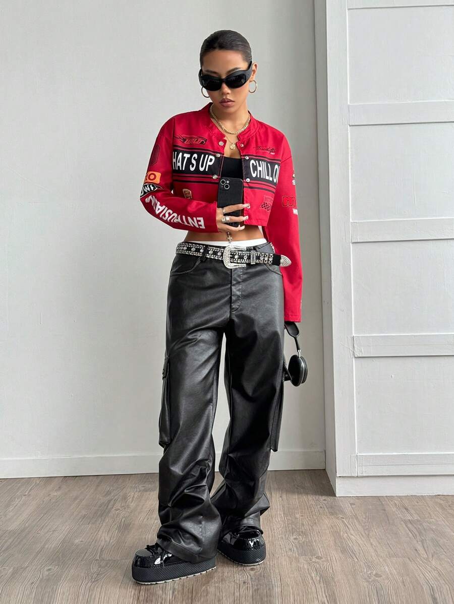 StreetHx Women Autumn Casual Streetwear Contrast Color Letter Print Cropped Jacket For New Year Clothes Fall Winter Cloth For Women - Red - View 1