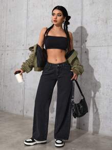 SHEIN PETITE Quần jeans ống đứng đơn giản, màu trơn, túi xéo, thoải mái, phù hợp với mọi hoạt động thường ngày dành cho nữ, mùa xuân thu - màu đen - Xem 6