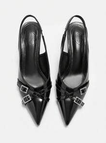 CUCCOO CURVES Wide Width High Heel Pointed Toe Elegant Black Satin Back Strap Year-Round Sandals New Year Holiday Valentines - Black - View 7