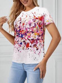 SHEIN LUNE 1 Áo thun nữ cổ tròn tay ngắn in họa tiết tối giản, mặc thường ngày - Nhiều màu - Xem 3