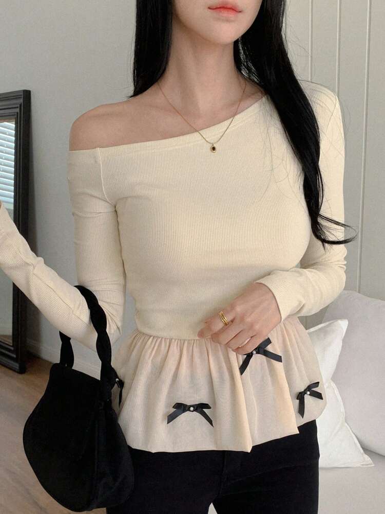 Women's Elegant Mesh Contrast Bowknot Decor Oblique Shoulder T-Shirt, Autumn Long Sleeve Women Tops,Fall Women Clothes Off Shoulder Top