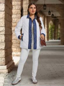 EMERY ROSE 大码女式保暖牛仔效果印花拼接长袖休闲棉服外套，冬季