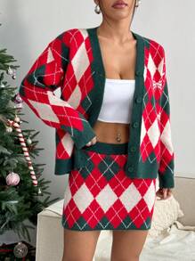 SHEIN Unity Women Christmas Warm & Cozy Plaid Pattern Loose Cardigan & Plaid Mini Sweater Skirt, 2 Pieces Set, Winter Clothes - Red - View 6