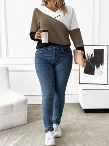 EMERY ROSE Plus Size Casual Kontrastowy Kolor Guzik Ozdobny Luźny Długi Rękaw T-shirt, Jesienne Koszulki Graficzne Damskie Topy Na Wiosenny Strój