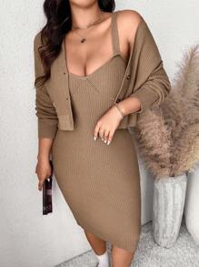 SHEIN Frenchy Plus Size Women's Solid Color Knitted Camisole Dress And Short Cardigan Set, For Autumn/Winter Fall/Winter - Mocha Brown - View 6