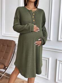 SHEIN Dropped Shoulder Round Neck Button Front Maternity Long Sleeve Dress, Autumn Ladies Dress - Green - View 4