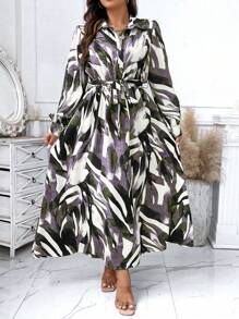 Celure Plus Size Women's Full Print Puff Sleeve Tie Waist Dress, Spring/Autumn - Olive Green - View 1