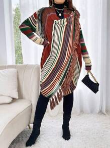 Calvaya Cárdigan casual holgado de manga larga a rayas y remiendo con flecos en el bajo para mujer de talla grande, otoño