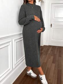 SHEIN Pregnant Women Solid Color Ribbed Loose Batwing High Slit T-Shirt Dress, Suitable For Spring And Autumn, For Maternity - Dark Grey - View 3