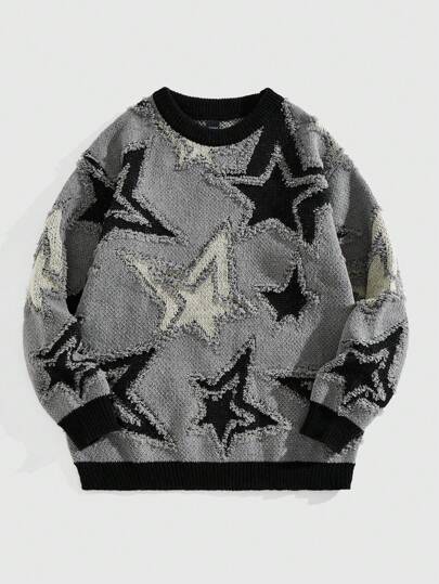 Street Life Men's Autumn/Winter Fashionable Contrast Color Stars Jacquard Pullover Sweater
