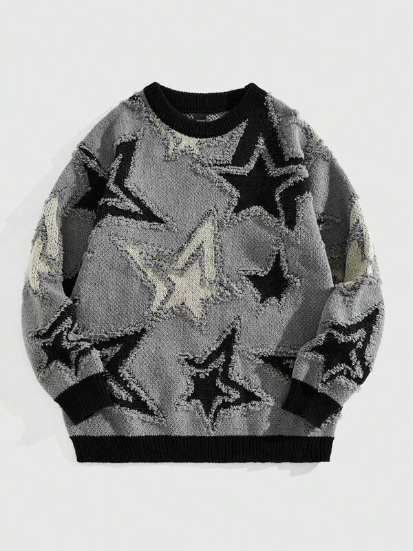 ROMWE MEN Street Life Herren Herbst/Winter Modische Kontrast Farbige Sterne Jacquard Pullover