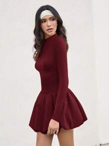 SHEIN X ELOISA & ORSON COSMINA Vestido mini de manga larga y cuello alto fruncido de color sólido simple para mujer
