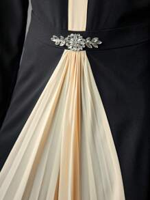 MOTF PREMIUM TWO TONE V-NECK RHINESTONE WAIST PLEATED HEM DRESS