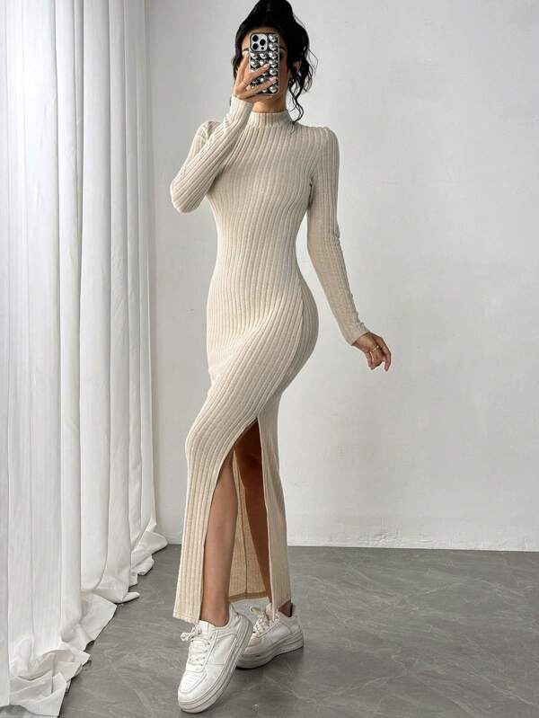 Siren Gaze Women Long Side Slit High Neck Long Sleeve Dress,Beige Women Dresses Winter