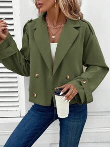 SHEIN LUNE Manteau trench style court décontracté et pratique pour femme - Vert - Voir 4