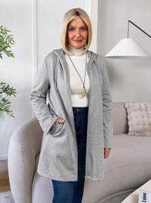SHEIN LUNE Chaqueta larga con capucha, bolsillo y cierre de cremallera de manga larga para mujer - Gris - Ver 5