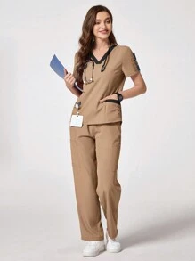 TaskEZ Contrast Color Patchwork Short Sleeve Top & Pants Nurse Uniform Scrub Set - Khaki - View 9