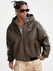 Manfinity RebelGame Men's Casual PU Leather Long Sleeve Hooded Padded Coat, Autumn/Winter