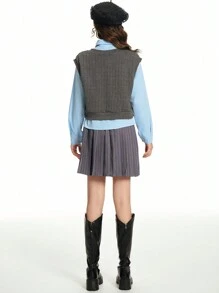 3 件套青少年女孩休闲学院风背心、领结条纹衬衫和 A 字裙套装 - 彩色 - 查看 2