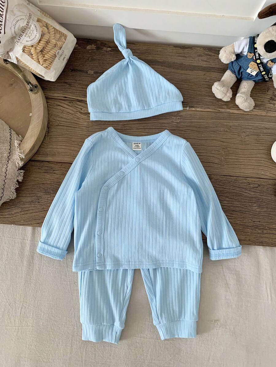 SHEIN 3 pièces Ensemble de pyjama bébé garçon mignon et simple avec pantalon et chapeau à col oblique, manches longues, doux, confortable et respectueux de la peau