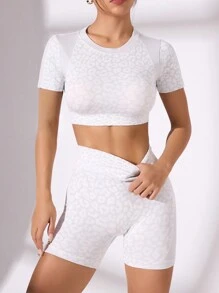 Women Leopard Print Short Sleeve & Shorts Sports Set - Multicolor - View 2