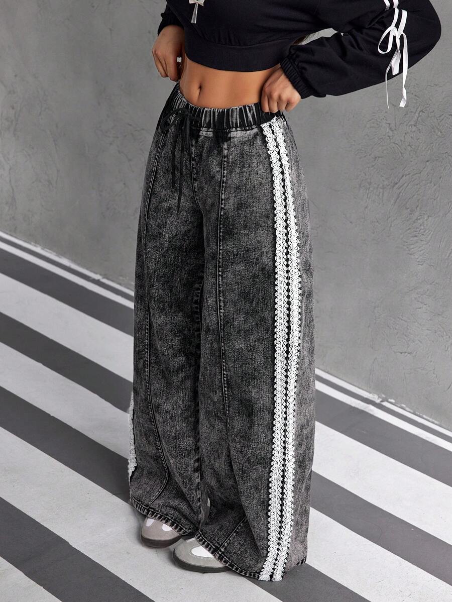 SHEIN ICON 女式侧条纹印花抽绳休闲直筒牛仔裤 - 黑色 - 查看 1