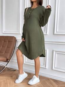 SHEIN Dropped Shoulder Round Neck Button Front Maternity Long Sleeve Dress, Autumn Ladies Dress - Green - View 5