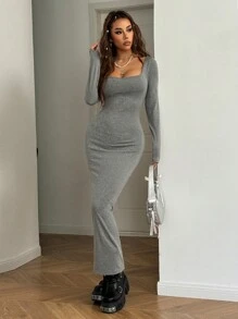 SHEIN EZwear Women's Spring/Summer Basic Knit Grey Fitted Square Neck Long Sleeve Dress - Grey - View 6