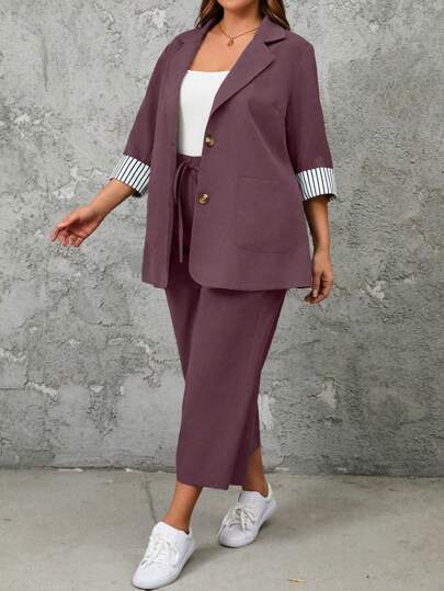 SHEIN LUNE Plus Size 2pcs Set Casual Striped Patchwork Jacket And Pants