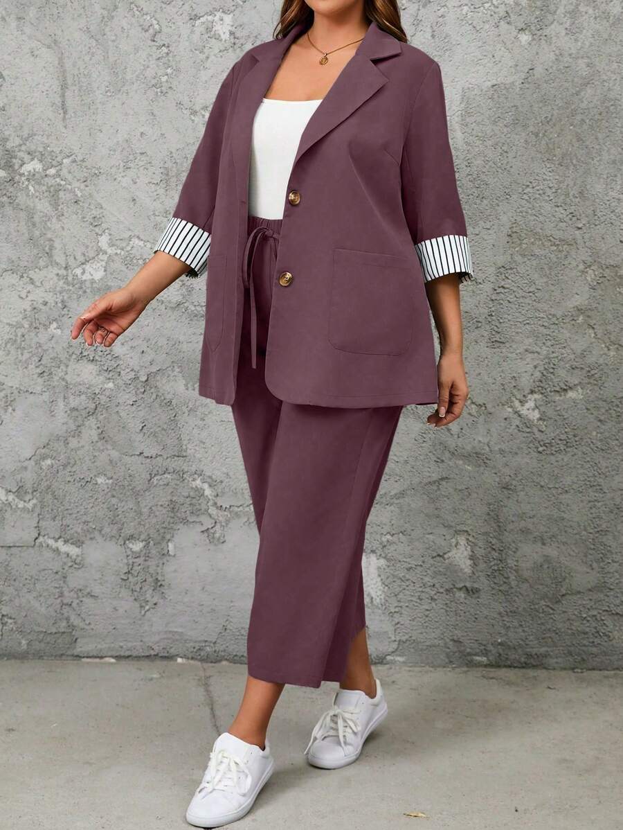 SHEIN LUNE Plus Size 2pcs Set Casual Striped Patchwork Jacket And Pants - Red Violet - View 1