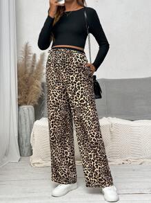 SHEIN Maternity Leopard Print Drawstring Waist Loose Wide Leg Pants, For Autumn - Brown - View 4