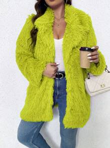 Calvaya Plus Size Effen Kleur Fluffy Kraag Lange Mouw Thermische Jas, Herfst/Winter