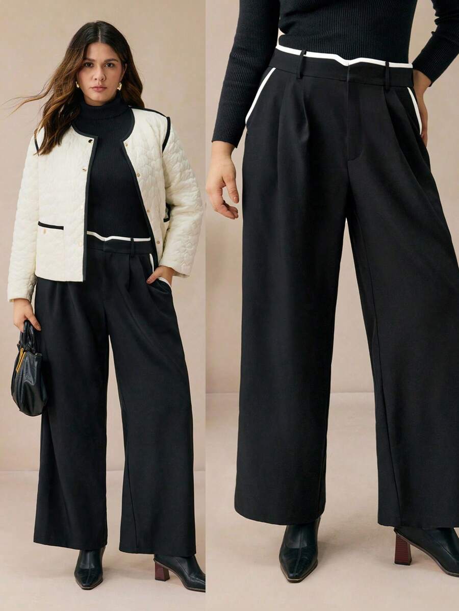 BizChic Plus Size Women's Elegant Straight Leg Office Pants With Contrast Color Trim - Black - View 1